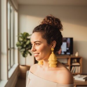 Yellow Fringe Barbie Party Style dangle earrings Glimmer Stone Tassel